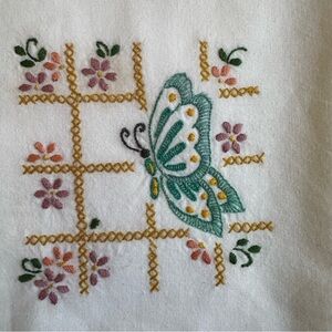 Hand Embroidered Flour Sack Tea Dish Towel Butterfly Floral Cottagecore